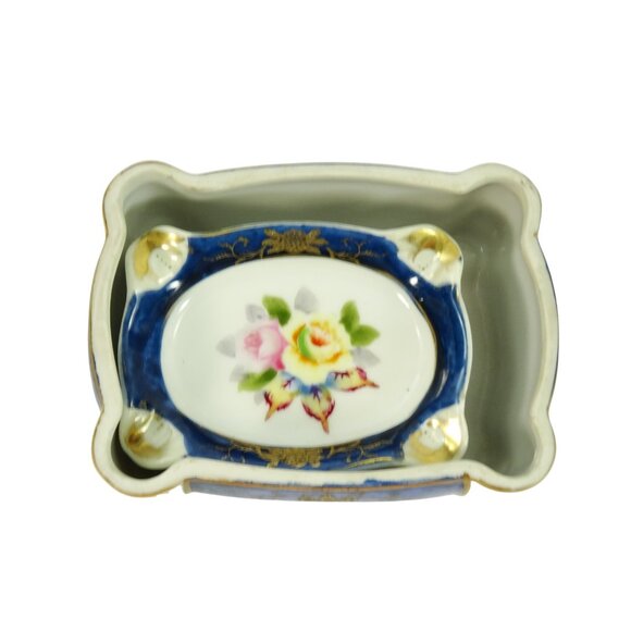Vintage Made in Occupied Japan Porcelain Trinket Cigarette Box w 2 Ashtrays Blue - Picture 10 of 15